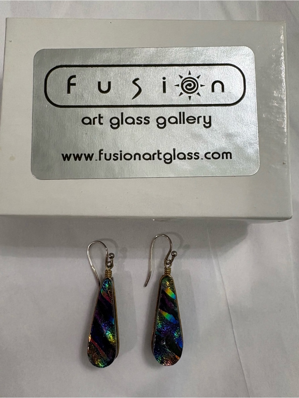 Fusion Art Glass Gallery Dichroic Fused Glass Teardrop Earrings with Box